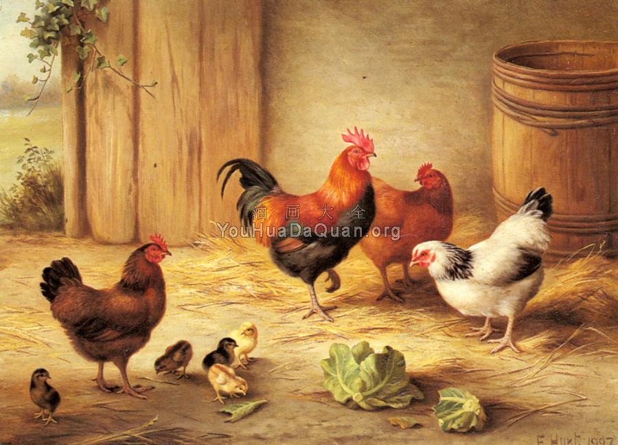 Chickens In A Barnyard - 埃德加·亨特
